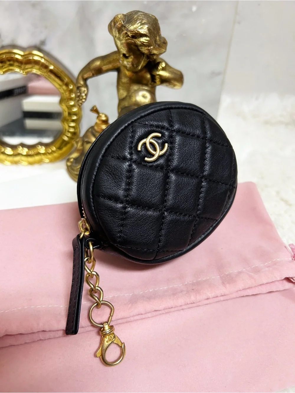 Authentic Chanel 19 CC Round Diamond Quilted Coin Pouch / Bag Charm
